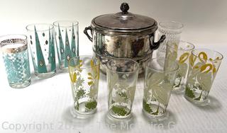 Mid Century Modern Barware Including Glass Tumblers and Ice Bucket