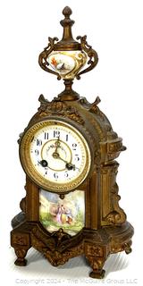 C 1910 Antique French Mantle Clock with Hand Painted Porcelain Plaques. Movement is by H & H (Harris and Harrington)