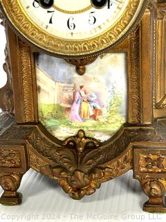 C 1910 Antique French Mantle Clock with Hand Painted Porcelain Plaques. Movement is by H & H (Harris and Harrington)