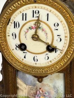 C 1910 Antique French Mantle Clock with Hand Painted Porcelain Plaques. Movement is by H & H (Harris and Harrington)