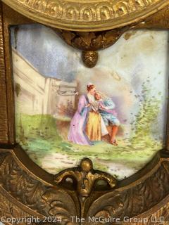 C 1910 Antique French Mantle Clock with Hand Painted Porcelain Plaques. Movement is by H & H (Harris and Harrington)