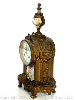 C 1910 Antique French Mantle Clock with Hand Painted Porcelain Plaques. Movement is by H & H (Harris and Harrington)