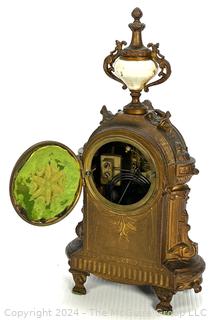 C 1910 Antique French Mantle Clock with Hand Painted Porcelain Plaques. Movement is by H & H (Harris and Harrington)