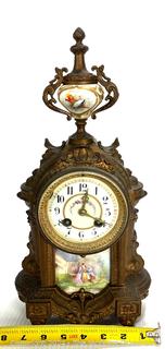 C 1910 Antique French Mantle Clock with Hand Painted Porcelain Plaques. Movement is by H & H (Harris and Harrington)