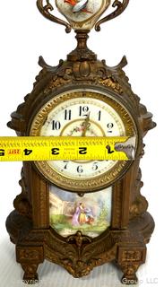 C 1910 Antique French Mantle Clock with Hand Painted Porcelain Plaques. Movement is by H & H (Harris and Harrington)