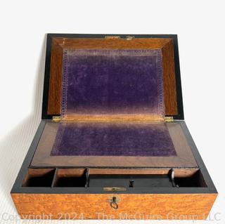 Locking "Bird's Eye Maple" Travel Writing Box. Velvet Lining 12 x 9 x 4.5" 
