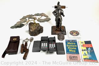 Desk Items Bronze Bonsai Tree Sculpture by Roemer, Motorola Flip-phones, Knight in Armor Bar Set, Metro Map and USMA Coaster