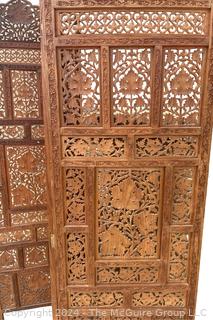 Moroccan Carved Pierced Wood Four (4) Panel Floor Screen.  Needs repair to hinges.  67" tall 80" long (20"W each panel)