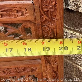 Moroccan Carved Pierced Wood Four (4) Panel Floor Screen.  Needs repair to hinges.  67" tall 80" long (20"W each panel)