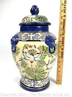 Chinoiserie Pottery Temple Jar.  14"T