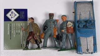 Auburn Rubber Toy 1950's Convertible and Three Metal Toy Figures: porter, hiker and mailman