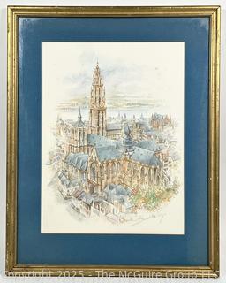 Framed Under Glass Print of Cathedral of Our Lady in Antwerp, Belgium by Bernadetta. 16 x 20”
