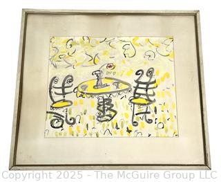 Framed Under Glass Pen and Watercolor on Paper of Cafe Scene in Yellow.