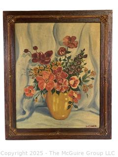 Framed Oil on Chipboard Still Life of Flowers Signed by Artist S. Lenker.  20 x 24"