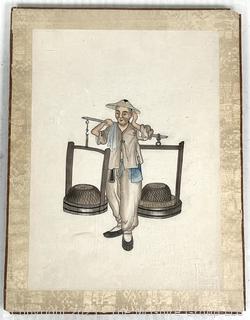 Ink and Watercolor on Paper of Chinese Man Carrying Buckets with Chopmark. 11 x 14.