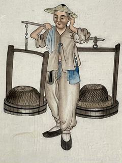 Ink and Watercolor on Paper of Chinese Man Carrying Buckets with Chopmark. 11 x 14.