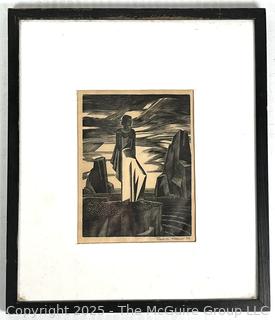 Framed Under Glass Modern Relief Wood Block Engraving of Woman in Seascape Signed by Artist Janet Ticknor, 1933. 12 x 14"