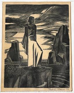 Framed Under Glass Modern Relief Wood Block Engraving of Woman in Seascape Signed by Artist Janet Ticknor, 1933. 12 x 14"