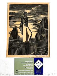 Framed Under Glass Modern Relief Wood Block Engraving of Woman in Seascape Signed by Artist Janet Ticknor, 1933. 12 x 14"