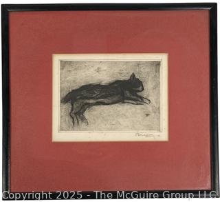 Framed Under Glass Wood Block Print of Sleeping Cat Signed by Artist. 13 x 14”