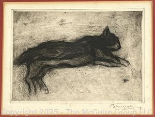 Framed Under Glass Wood Block Print of Sleeping Cat Signed by Artist. 13 x 14”