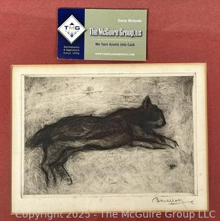 Framed Under Glass Wood Block Print of Sleeping Cat Signed by Artist. 13 x 14”