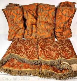 Orange and Gold Velvet Brocade Jacquard Upholstery and Draper Material with Fringe.  Part of Valance. 