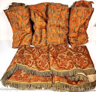 Orange and Gold Velvet Brocade Jacquard Upholstery and Draper Material with Fringe.  Part of Valance. 