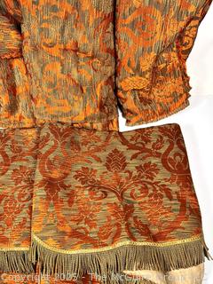 Orange and Gold Velvet Brocade Jacquard Upholstery and Draper Material with Fringe.  Part of Valance. 