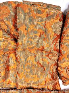 Orange and Gold Velvet Brocade Jacquard Upholstery and Draper Material with Fringe.  Part of Valance. 