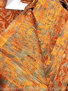 Orange and Gold Velvet Brocade Jacquard Upholstery and Draper Material with Fringe.  Part of Valance. 