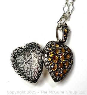 Sterling Silver Hinged Locket Encrusted in Citrine Gem Stones on 18" Chain. 