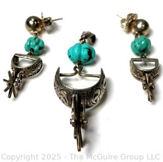 Three (3) Piece Set of Sterling Silver with Turquoise Articulated Spur Earrings and Pendant Signed by Artist