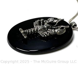 Sterling Silver Lobster Mounted on Black Onyx Pendant with Chain. 