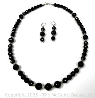 Set of Faceted Black Onyx and Sterling Silver Bead Necklace and Drop Earrings. 