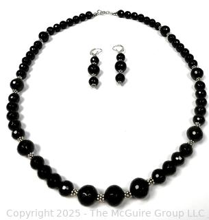 Set of Faceted Black Onyx and Sterling Silver Bead Necklace and Drop Earrings. 