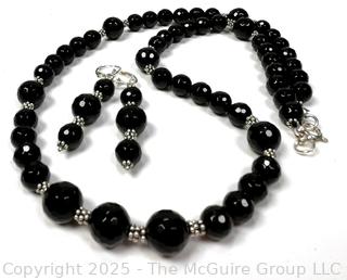 Set of Faceted Black Onyx and Sterling Silver Bead Necklace and Drop Earrings. 