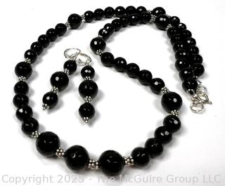 Set of Faceted Black Onyx and Sterling Silver Bead Necklace and Drop Earrings. 