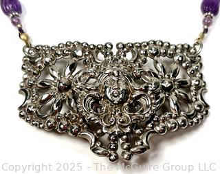 Large Art Deco Filligree Pendant with Face and Amethyst Bead Necklace