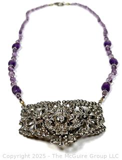 Large Art Deco Filligree Pendant with Face and Amethyst Bead Necklace