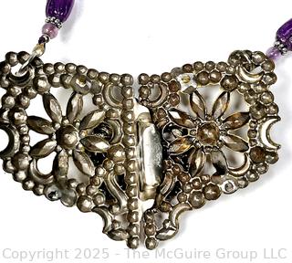 Large Art Deco Filligree Pendant with Face and Amethyst Bead Necklace