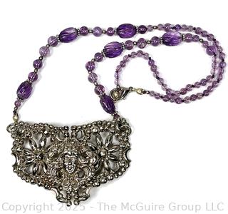 Large Art Deco Filligree Pendant with Face and Amethyst Bead Necklace