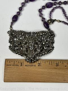 Large Art Deco Filligree Pendant with Face and Amethyst Bead Necklace