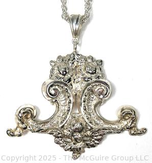 Victorian Rococo Style Sterling Silver Pendant on Double Chain Necklace