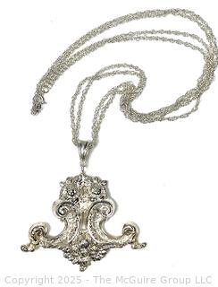 Victorian Rococo Style Sterling Silver Pendant on Double Chain Necklace