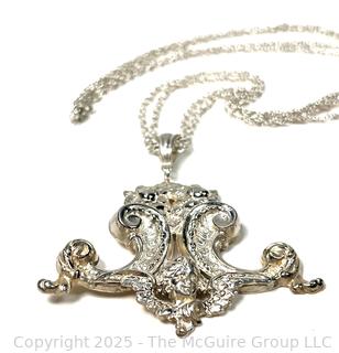 Victorian Rococo Style Sterling Silver Pendant on Double Chain Necklace