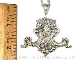 Victorian Rococo Style Sterling Silver Pendant on Double Chain Necklace