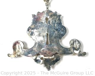 Victorian Rococo Style Sterling Silver Pendant on Double Chain Necklace