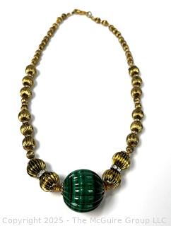 Large Carved Fluted Malachite Bead Necklace with Gold Tone Beads. 