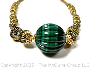 Large Carved Fluted Malachite Bead Necklace with Gold Tone Beads. 